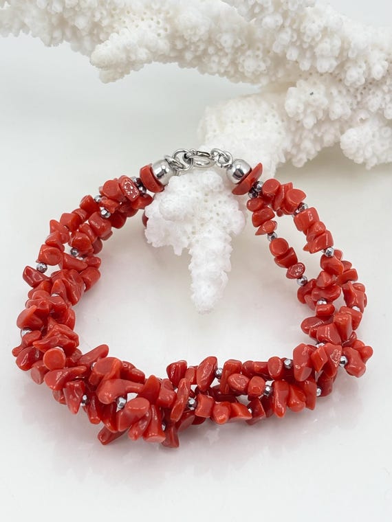 3-strand bracelet in red CORAL from the Mediterranean Sea and grey hematite spheres with 925 SILVER clasp