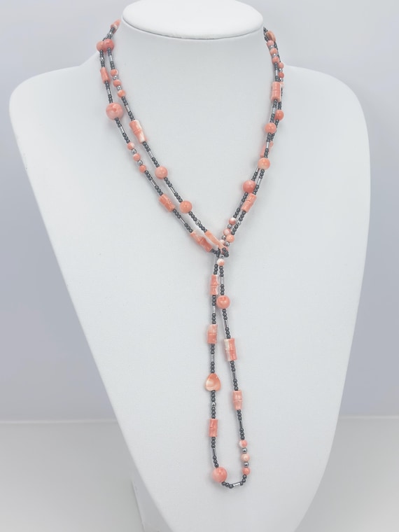 Necklace with natural pink CORAL shapes from Asian seas alternating with grey hematite