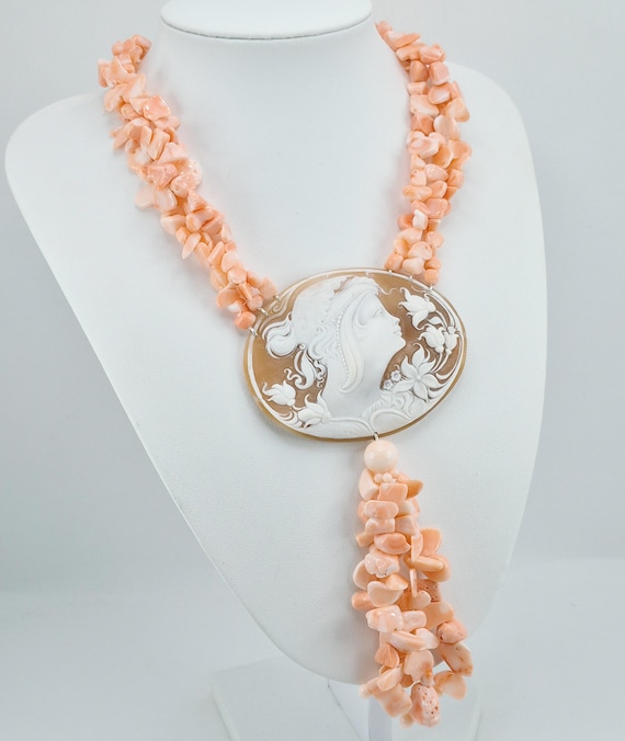Pink Coral and Cameo Necklace, pink coral and cameo necklace, 925 silver, Italian craftsmanship, stunning Pacific coral necklace.