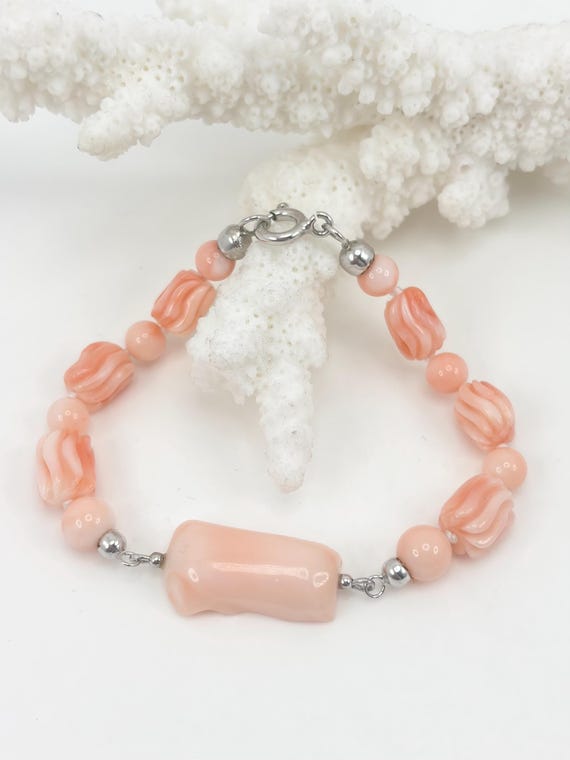 Bracelet in natural pink CORAL from the Pacific Ocean, handcrafted and mounted in 925 SILVER