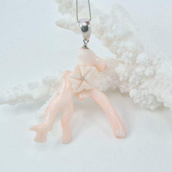 Pink coral branch with engraved starfish, 925 silver, Italian craftsmanship