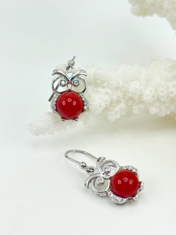 Natural red coral pendant earrings from the Mediterranean Sea, 925 silver and zirconia.