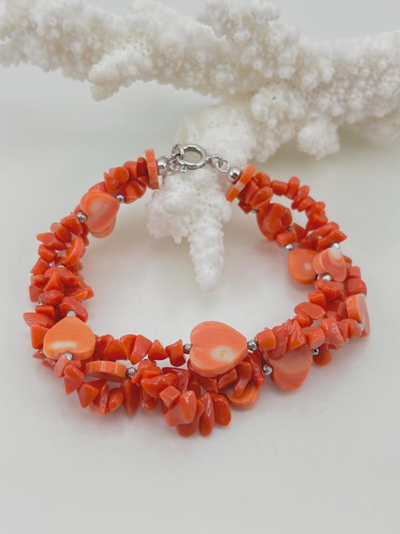Multi-strand bracelet in natural red CORAL from the Mediterranean Sea, alternating with hematite spheres and 925 SILVER clasp
