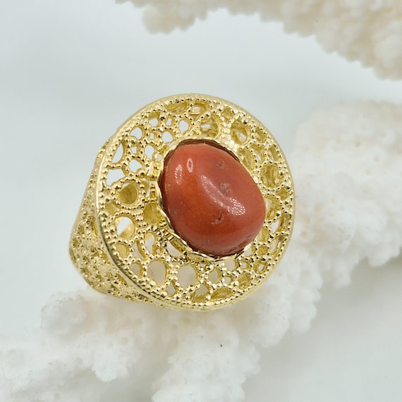 Mediterranean red coral ring, 925 gold-plated silver