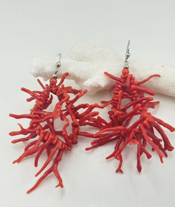 Dangling earrings made of natural red CORAL branches from the Mediterranean Sea and set in 925 SILVER