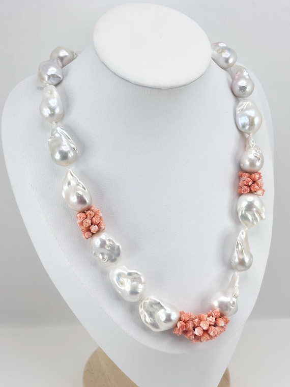 Necklace with large baroque pearls and pink coral roses, 925 silver