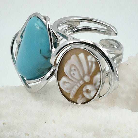American Turquoise Ring and Hand Engraved Cameo, 925 Silver, Italian Craftsmanship