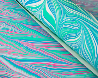 Handmade Marbled Paper Sheet – Magenta, Yellow, Teal, 115 gsm for endpapers 19x13 in