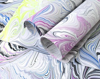 Handmade Marbled Paper, 230 gsm Heavyweight Art Paper - Black, White, Blue, Magenta, Acid Green