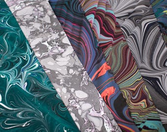 Pack of Six Half Sheets Handmade Marbled Paper - 230 gsm - Blue, Black, Turquoise, Red