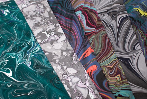 Pack of Six Half Sheets Handmade Marbled Paper - 230 gsm - Blue, Black, Turquoise, Red