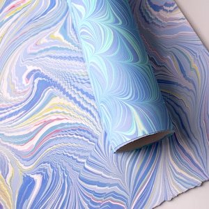 Handmade Marbled Paper, 230 gsm Heavyweight Art Paper - Blue, Teal, Yellow, Red image 1
