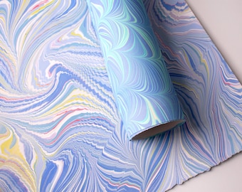 Handmade Marbled Paper, 230 gsm Heavyweight Art Paper - Blue, Teal, Yellow, Red