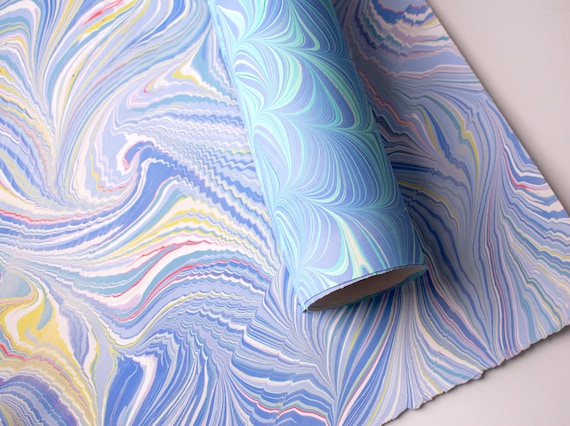 Handmade Marbled Paper, 230 gsm Heavyweight Art Paper - Blue, Teal, Yellow, Red