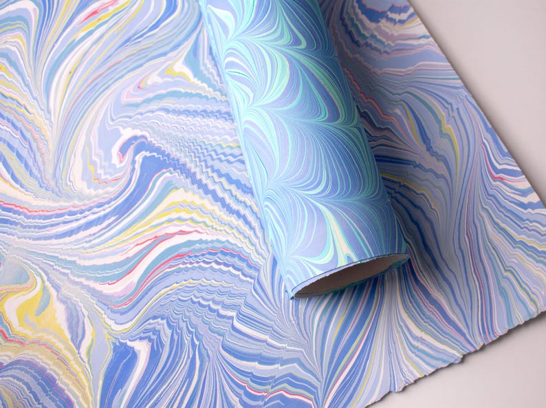 Handmade Marbled Paper, 230 gsm Heavyweight Art Paper - Blue, Teal, Yellow, Red image 1