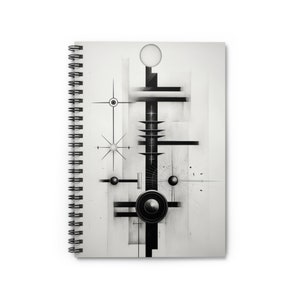 May include: A black and white abstract design with geometric shapes and lines. The design is centred on a vertical line with a circle at the bottom. The design is on a white background.