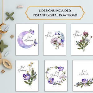 6 CARTÕES EID MUBARAK | Cartões islâmicos | Presente Islâmico | Cartões para impressão | Conjunto de 6 designs | Download instantâneo | Decoração de flores selvagens