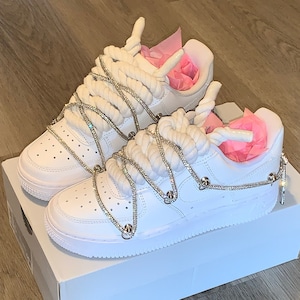 Custom Bling Rope AF1 White Bling Air Force Ones Customized Women&#39;s Men&#39;s Rope Laces Bling Shoes