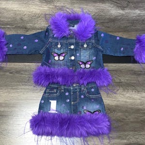 Toddler Girls 3 Pc. Custom Birthday Outfit Jean Birthday Outfit Set Customized Jacket, Skirt Custom Denim Set Any Theme