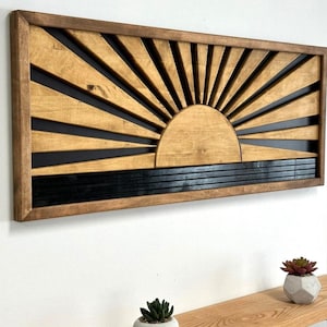 Boho Wood Wall Art,Rustic Wood Sun Art,Panoramic Wooden Sun,Wooden Large Sun,Framed Sun,Bedroom Decor,Home Decor,Sun Decor,Christmas Gift