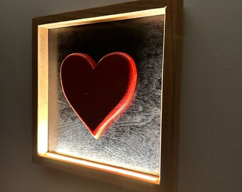 Coração de madeira emoldurado com luz LED, placa de amor, coração de madeira, coração de madeira de carvalho, presente para amantes, decoração para casa, arte de parede, presente de dia dos namorados, presente de Natal