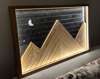 Led Light Mountain Wall Art,Rustic Wood Wall Art,Night-Stars and Moon Decor,Home Decor,Wall Decor,Modern Wall,Rustic Mountain Stars and Moon
