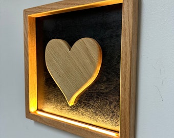 Coração de madeira emoldurado com luz LED, placa de amor, coração de madeira, coração de madeira de carvalho, presente para amantes, decoração para casa, arte de parede, presente de dia dos namorados, presente de Natal
