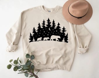 Cute Bear Family Christmas Shirt Gift Cozy Sweatshirt Holiday Hoodie Moonlit Forest Design Festive Unisex Winter Outfit for Men and Women