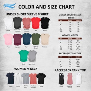 The image is a color and size chart for a short sleeve t-shirt, including various colors and sizes for both short sleeve t-shirts and short sleeves.