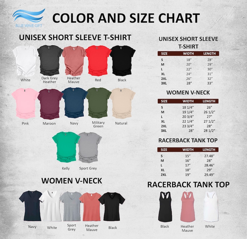 The image is a color and size chart for a short sleeve t-shirt, including various colors and sizes for both short sleeve t-shirts and short sleeves.