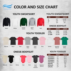 The image is a color and size chart that provides a visual guide for selecting the appropriate size and color of a youth sweatshirt or onesie-bodysuit based on the age of the child.