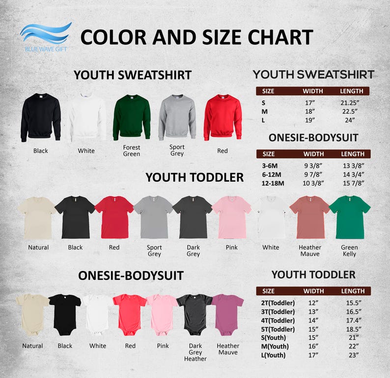 The image is a color and size chart that provides a visual guide for selecting the appropriate size and color of a youth sweatshirt or onesie-bodysuit based on the age of the child.