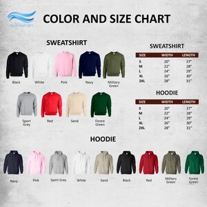 The image is a color and size chart that displays various types of sweatshirts and hoodies in different colors and sizes.