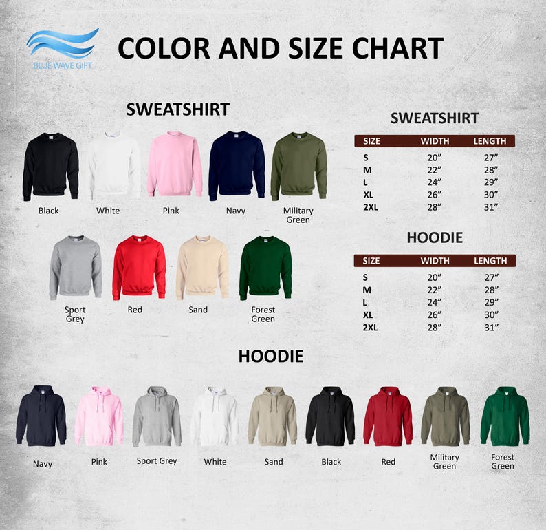The image is a color and size chart that displays various types of sweatshirts and hoodies in different colors and sizes.
