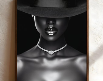 Black Woman Art Print, Elegant Black & White Portrait (Digital Download)
