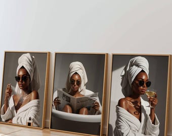 Set of 3 Black Woman Art, black girl bathroom wall art, luxury bathroom decor, black woman art,