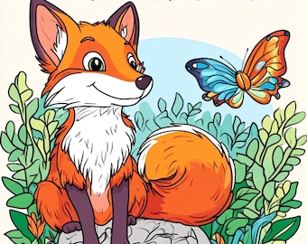 May include: A coloring book cover with the text "Coloring with Forest Animals." It features a cartoon fox with orange fur, white chest, and a fluffy tail. A blue and orange butterfly is also present, along with green foliage and a gray rock.
