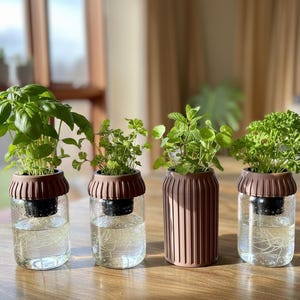 Self Watering Indoor Herb Garden – 32oz Mason Jar Planter Kit – 3D Printed Hydroponic Kratky Cover & Net Pot