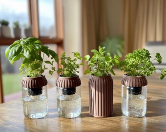 Self Watering Indoor Herb Garden – 32oz Mason Jar Planter Kit – 3D Printed Hydroponic Kratky Cover & Net Pot