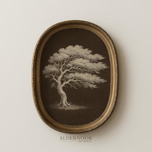Oak Tree Wall Art, Linocut Print, Dark Brown Decor, Earthy Nature Artwork (Digital Download)