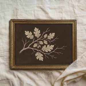 May include: A rectangular framed wall art piece featuring a dark brown background with a detailed, light-colored line drawing of an oak branch with leaves and two small acorns. The frame is ornate, metallic gold, and has a textured, repeating pattern.