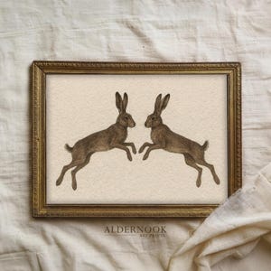 Pode incluir: Uma impressão artística emoldurada apresentando duas lebres castanhas em pose de salto, viradas uma para a outra sobre um fundo creme texturizado. A obra está numa moldura retangular dourada e ornamentada com o texto ALDERNOOK ART PRINTS.