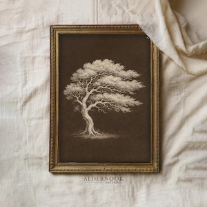 Oak Tree Wall Art, Linocut Print, Dark Brown Decor, Earthy Nature Artwork (Digital Download)