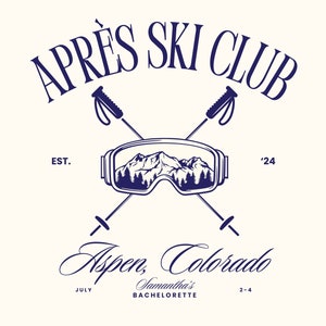 Puede incluir: Un logotipo azul y blanco para un club de après-ski llamado "Après Ski Club" establecido en 2024. El logotipo presenta un par de bastones de esquí cruzados, un par de gafas de esquí con una escena de montaña en el interior, y el texto "Aspen, Colorado" con "Samantha's Bachelorette" debajo.