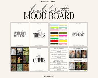 May include: A bachelorette mood board with the text "bachelorette MOOD BOARD" in a stylish font. The board includes sections for themes, outfits, and a color palette. Images of drinks, outfits, and scenery are also included.