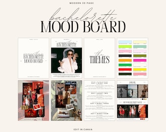 May include: A mood board for a bachelorette party with a modern design. The board includes a color palette, themes, and images for inspiration. The text "bachelorette mood board" is featured on the board.