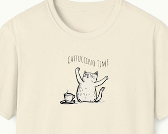 Coffee Cat T-Shirt Unisex Softstyle Cattuccino Time - funny cat praising the coffee