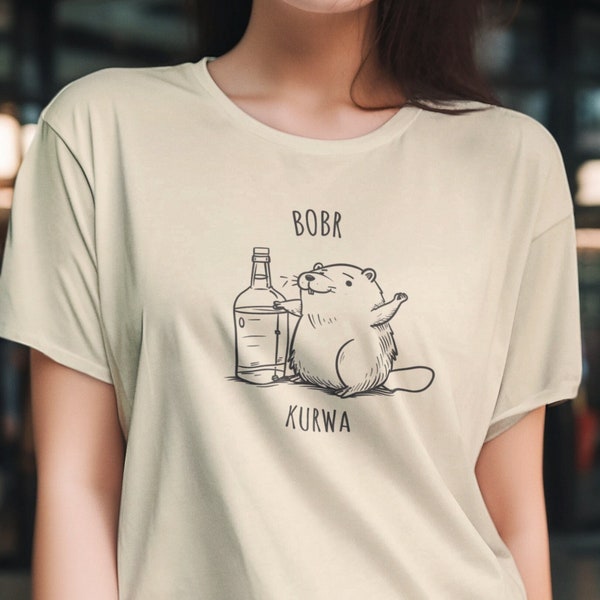 Bobr Kurwa T-Shirt, Unisex Softstyle, Funny Polish Beaver with Bottle, Humorous Meme Tee, Ideal for Casual Wear