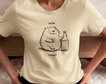 Bobr Kurwa T-Shirt with Vodka Bottle, Funny Polish Meme Tee, Viral Humor Graphic Shirt, Unisex Casual Drinkwear