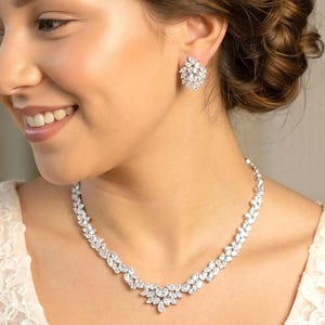 Cute Silver Bridal Jewelry Set, CZ Platinum Plated Necklace & Earring for Bride, Prom Jewelry Set, Wedding Jewelry Set, Jewelry Gift for Her